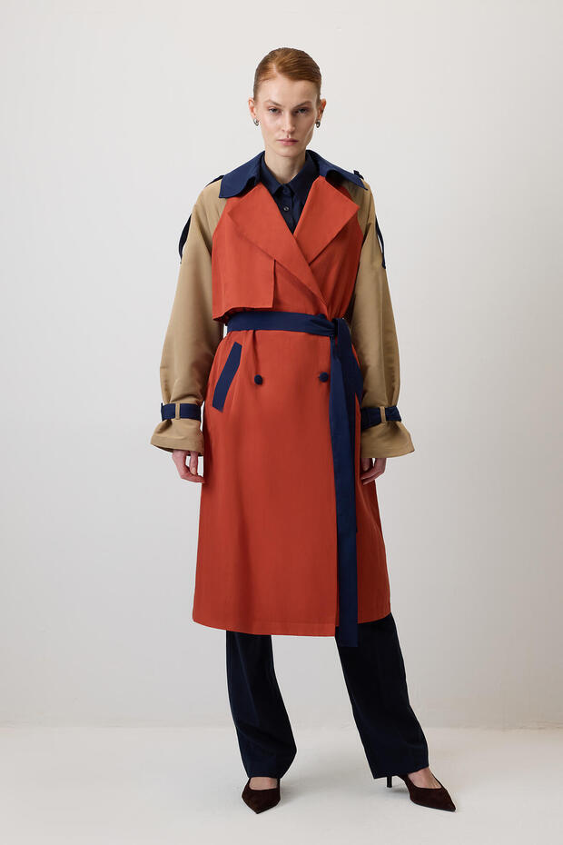 Block Color Belted Trench Coat