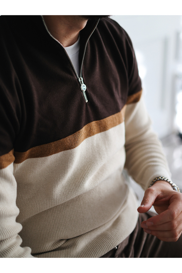 Renk Bloklu Yarım Fermuar Erkek Triko Kazak - 7