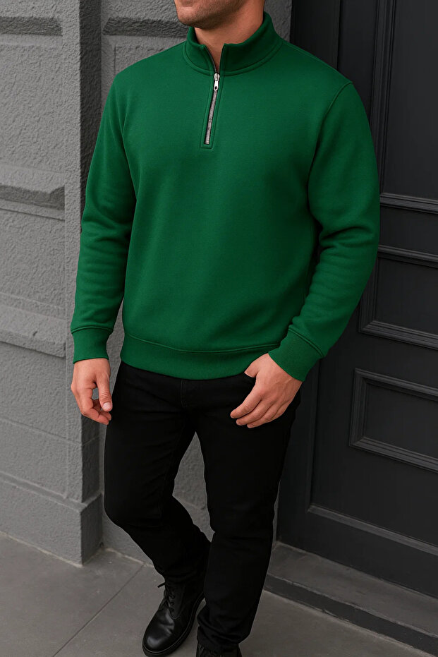 Men's Winter Basic Green Zippered Sweatshirt