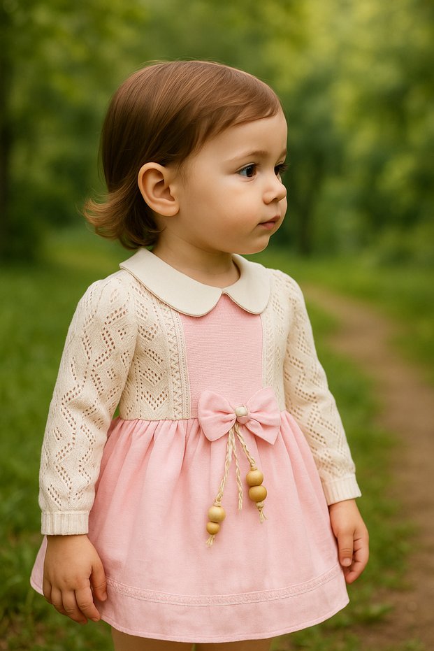 Mali-Kon 303-11-25 Girl's Lace Sleeve Bow and Bead Detailed Casual Dress 1/5 Years Old