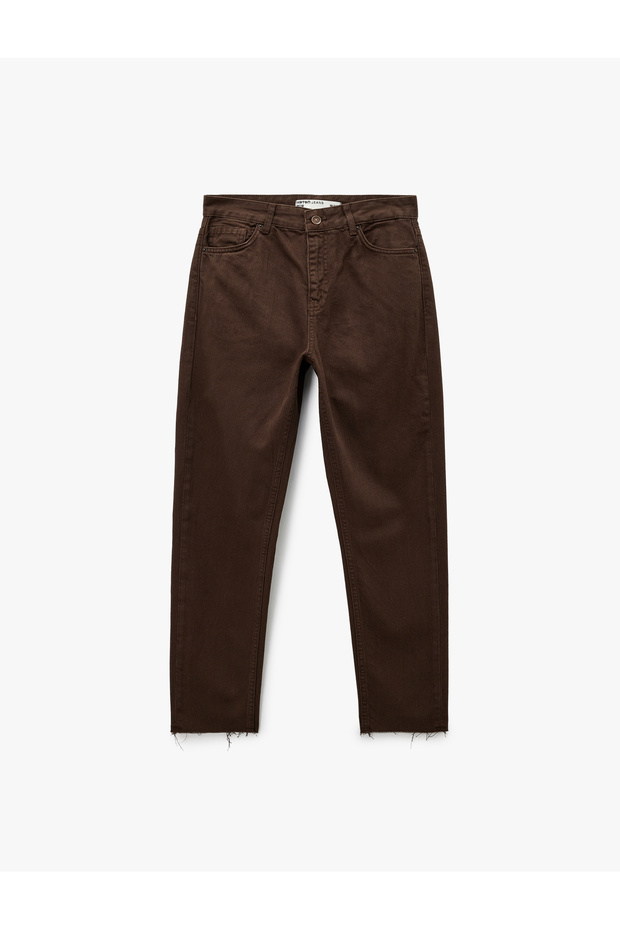 High Waist Cotton Straight Leg Mom Jean Pants with Buttoned Pockets - Mom Jeans