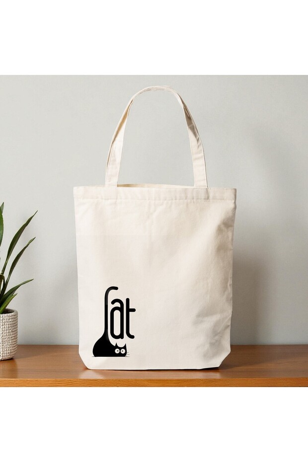 Cat Written Printed Canvas Shoulder Bag - 35X40 cm