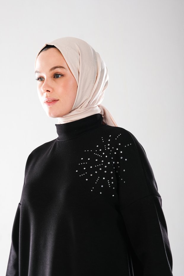 Women'S, Black, Stone Printed, Slit, High Neck Stylish Stretchy Hijab Tunic - Casual / Evening Dress _2296
