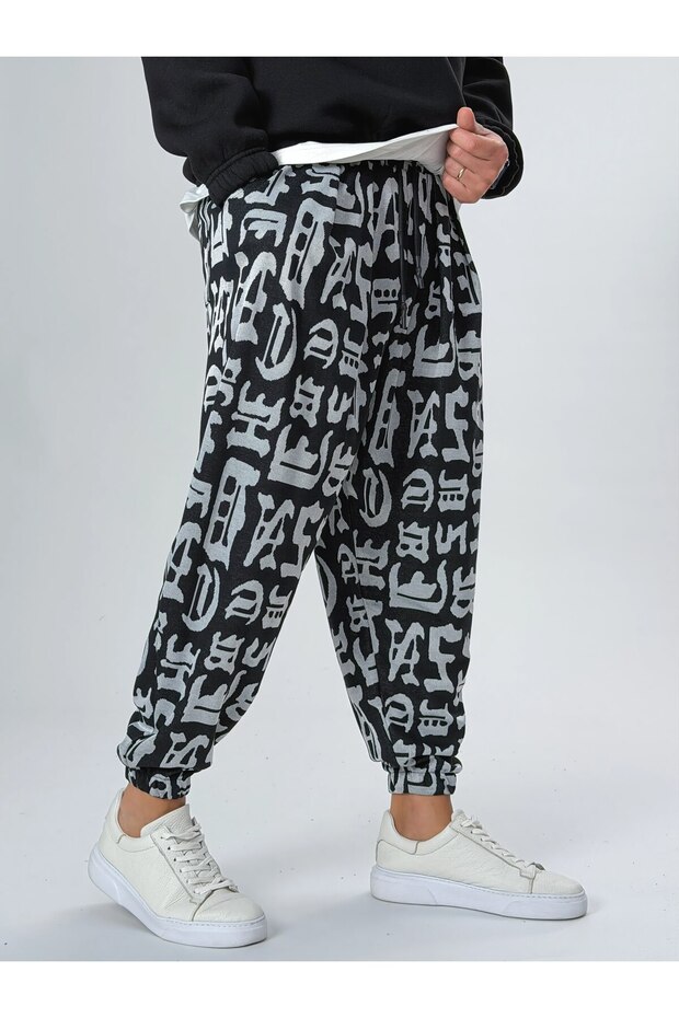 Graffiti Letter Patterned Men's Pleated Half-Shalwar with Elasticated Cuffs and Pockets, Loose Hippie Bohemian Shalwar