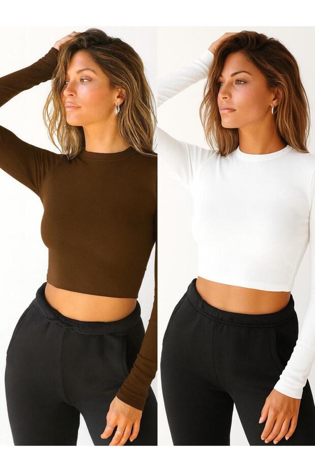 2 Pcs Women's Black Corded Fabric Crew Neck Ribbed Knit Crop Blouse