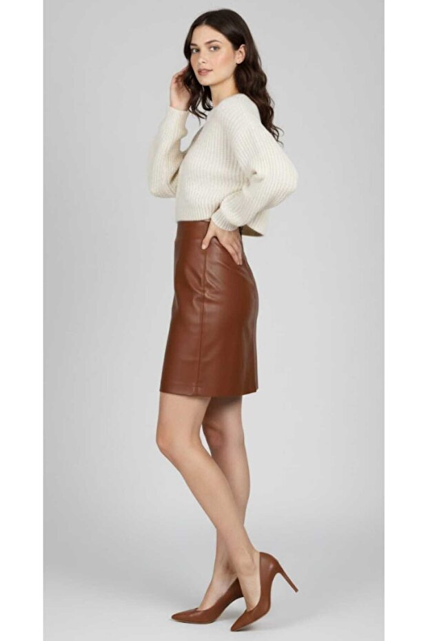 Şardonlu Deri Mini Etek - 1