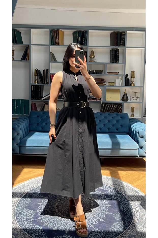 Zero Sleeve Dress with Leather Belt