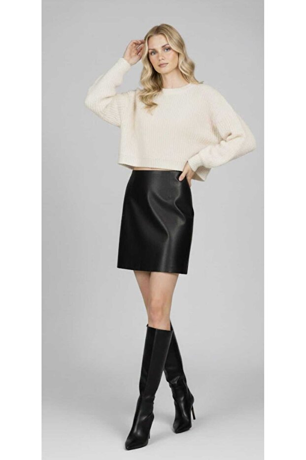 Şardonlu Deri Mini Etek - 1