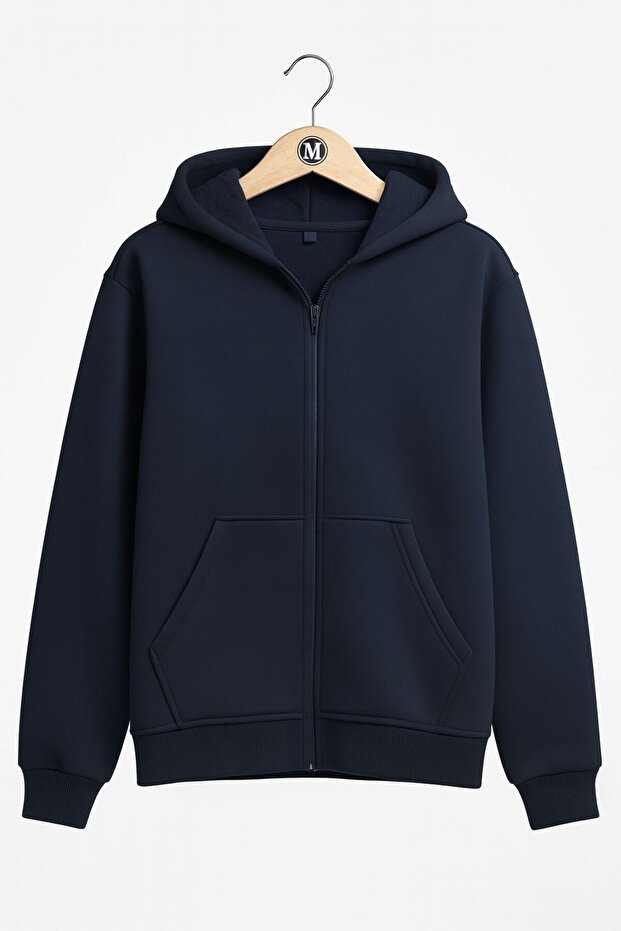 Unisex Hooded Navy Blue Oversize 3 Yarn Shard Fleece-Lined Atshi̇rt