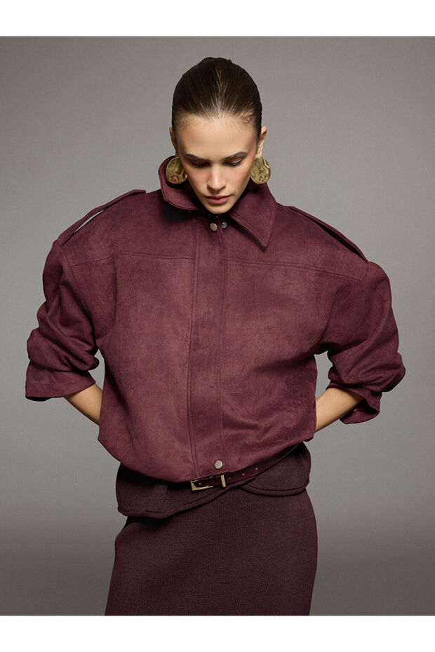 Burgundy Shirt Collar Women's Suede Look Jacket