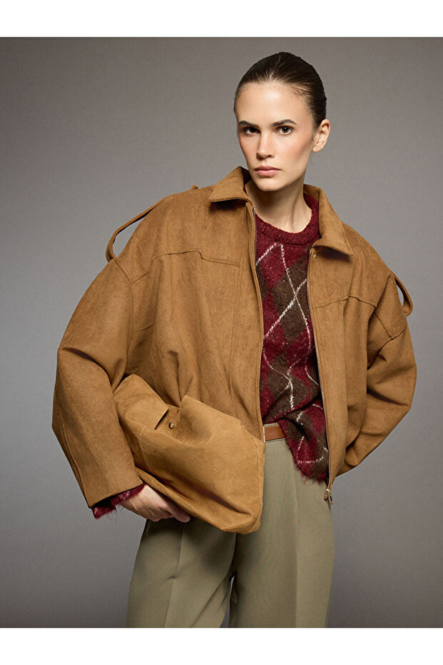 Shirt Collar Oversize Women's Suede Look Jacket