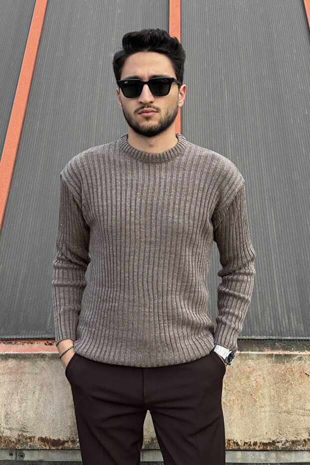 Crew Neck, Winter-Spring, Striped, Textured, Basic Knit Sweater 25Pltk17 - 1