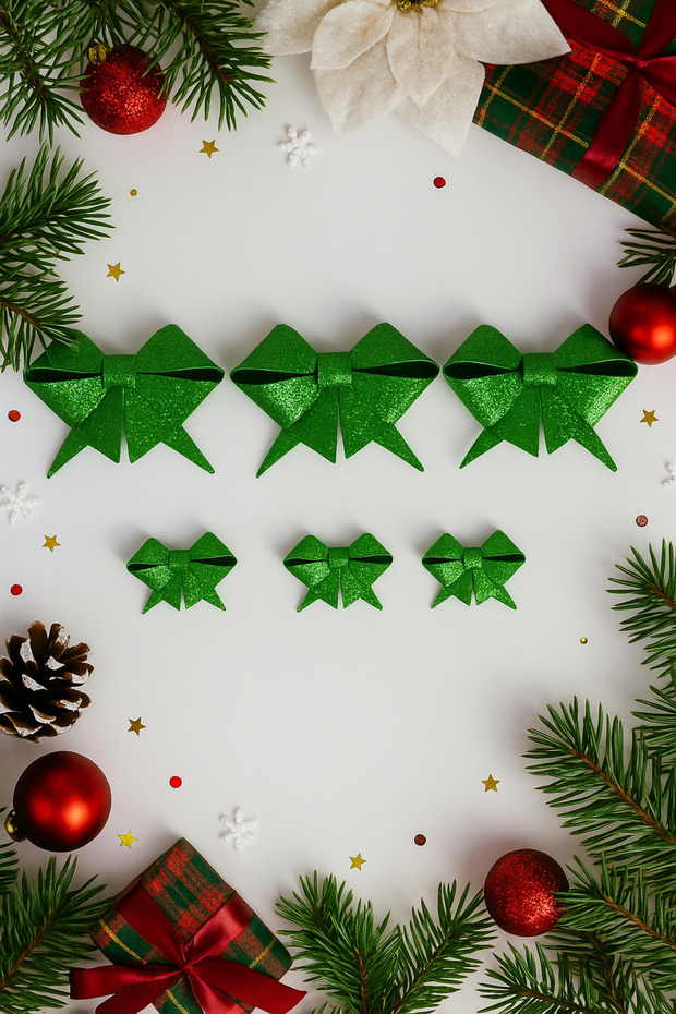 Green Glitter Eva Bow Ribbon – Set of 6 (3×9 cm + 3×6.5 cm) Christmas Decoration