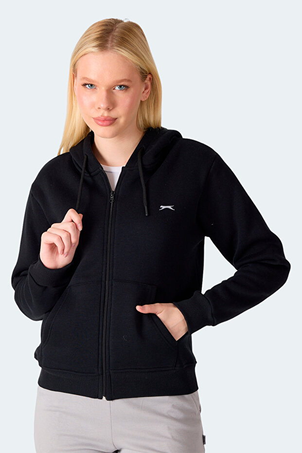 Milio I Women's Zippered Hooded Pocket Black Sweatshirt