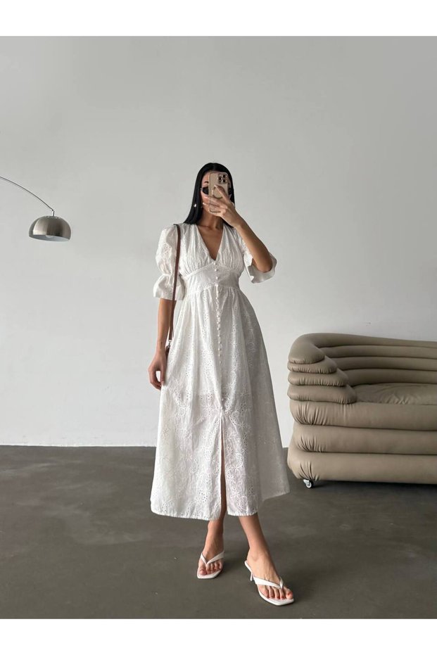 Women's Button Detailed Brode Dress