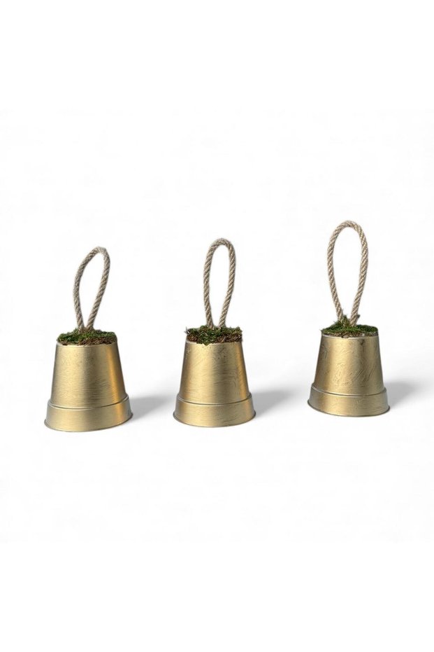 3-Piece Gold Christmas Tree Ornament with Large Bell and Wicker Rope