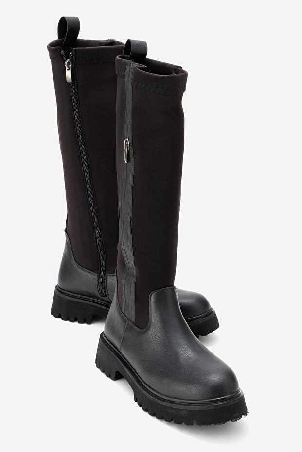 Women's Double Zipper Stretch Boots Black Skin