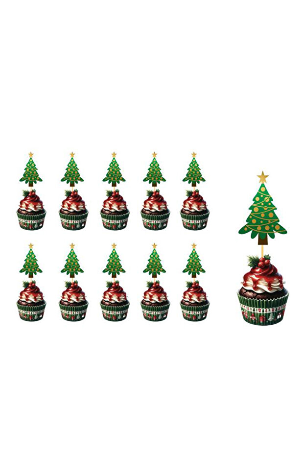 Christmas Themed Cupcake Picks Gold Foil Pine Tree 10 Pieces