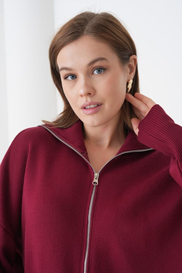 Basic Oversize Devrik Yaka Fermuarlı Triko Hırka AW25HI0059 - 5