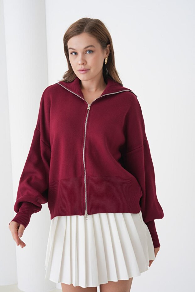 Basic Oversize Devrik Yaka Fermuarlı Triko Hırka AW25HI0059 - 2