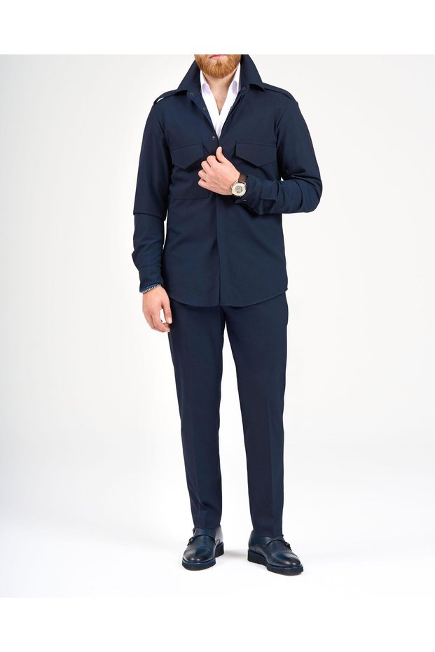 Italian Style Slim Fit Pocket Detailed Shirt Pant Suit Navy Blue T11967