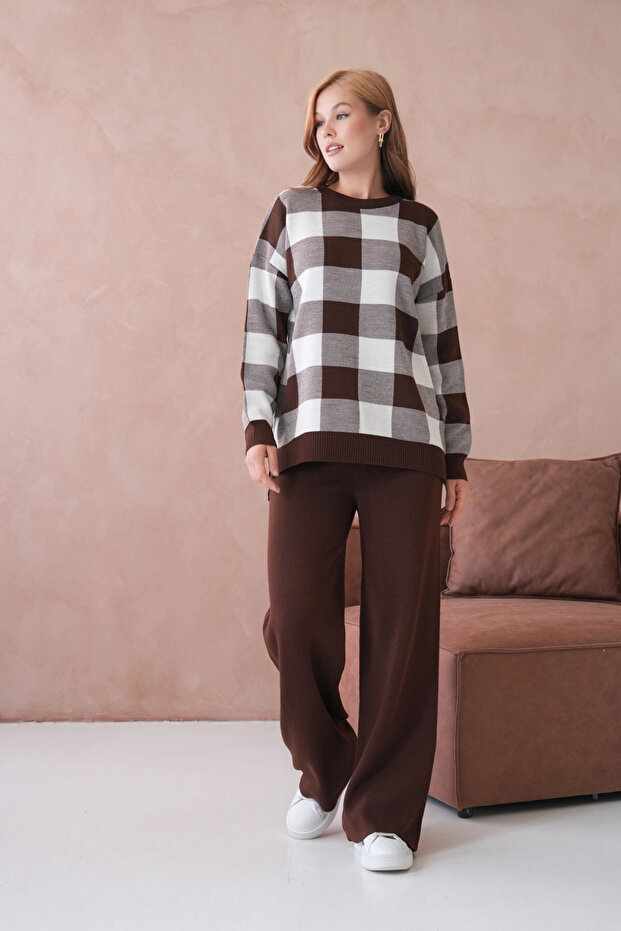Women's Crew Neck Patterned Slit Casual Sweater Pants Two-Piece Knitwear Set