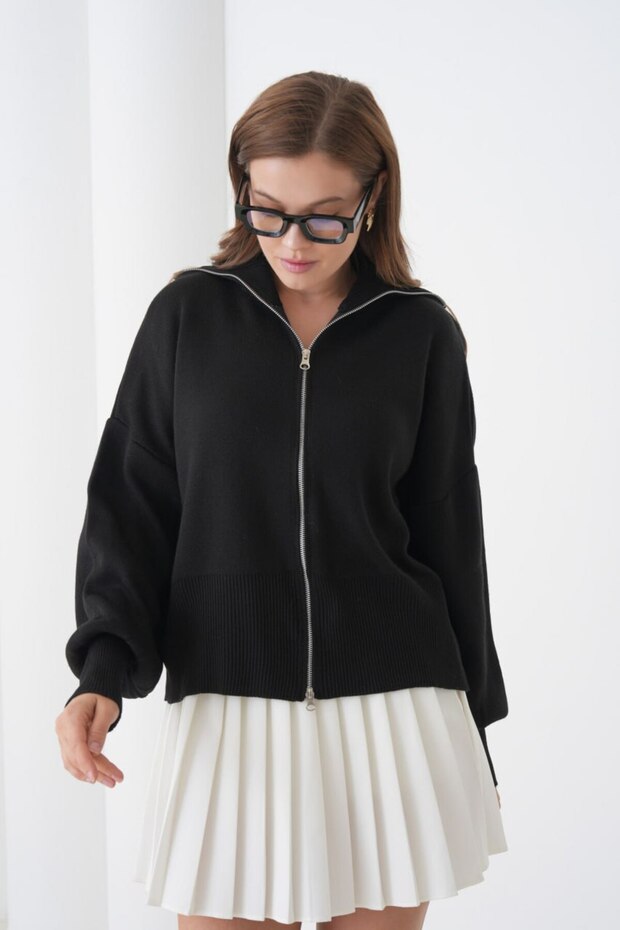 Basic Oversized Turn-Down Collar Zippered Knitwear Cardigan Aw25Hi0059