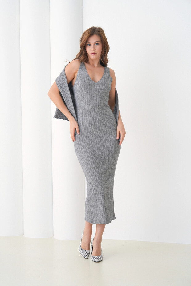 Women's Crew Neck Button Closure Ribbed Knit Jacket Dress Two-Piece Knitwear Set