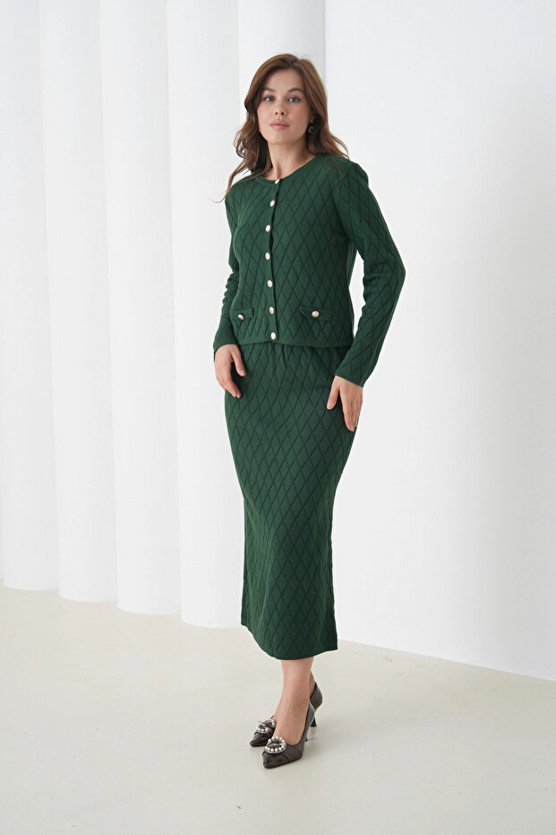 Women's Crew Neck Button Detail Patterned Jacket Skirt Two-Piece Knitwear Set
