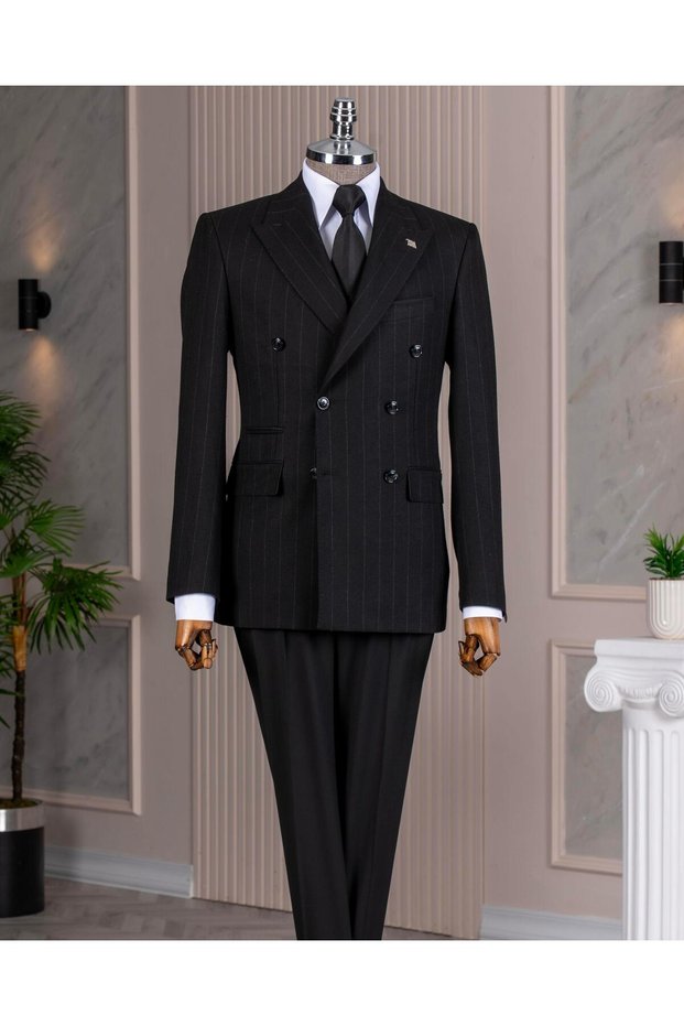Italian style s Slim Fit k Double-Breasted jacket pants combined suit black t14660