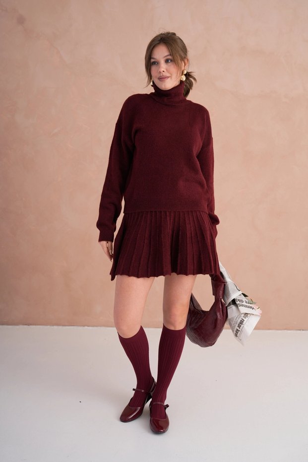 Women's Turtleneck Knit Detail Sweater Skirt Two-Piece Knitwear Set