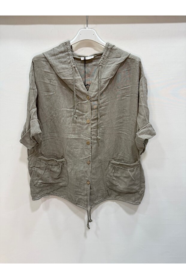 Mink Italian K Hooded Buttoned Half Sleeve Casual Linen Blouse