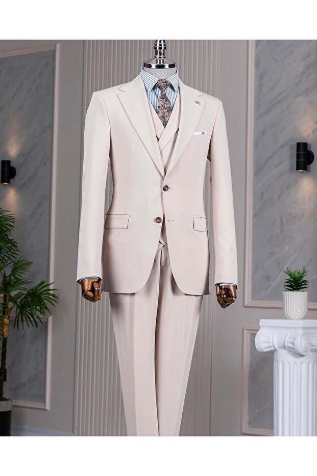Italian style 8 drop jacket vest pants suit beige T14594