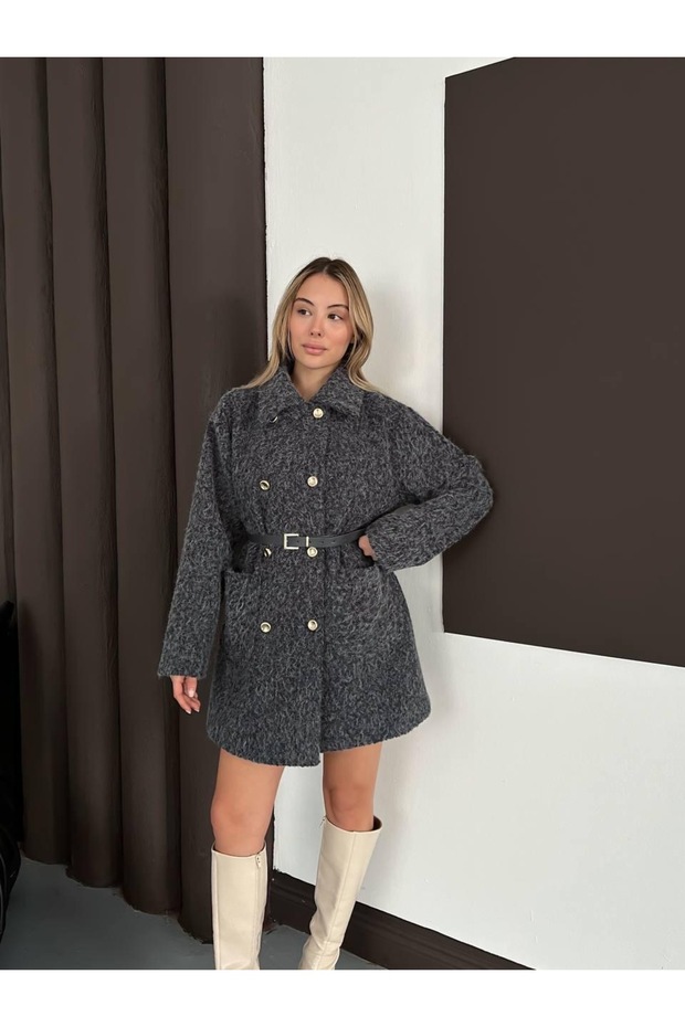 Belted Buttoned Boucle Coat - 7