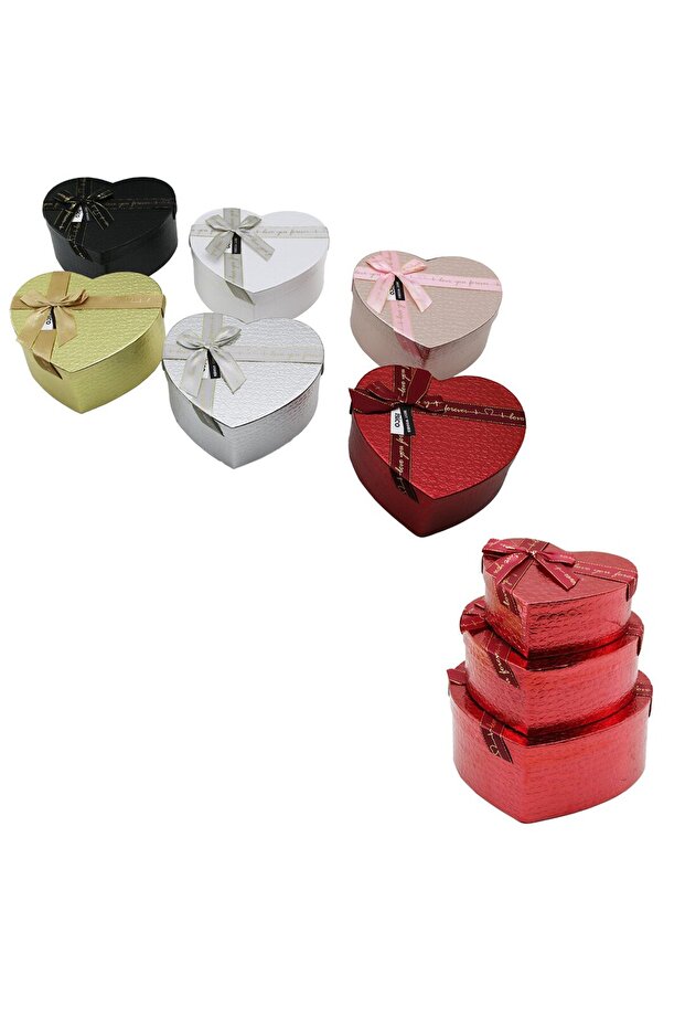 3pcs heart shaped glossy mixed color embossed pattern cardboard gift box with ribbon 22x20-19x17-16x14cm