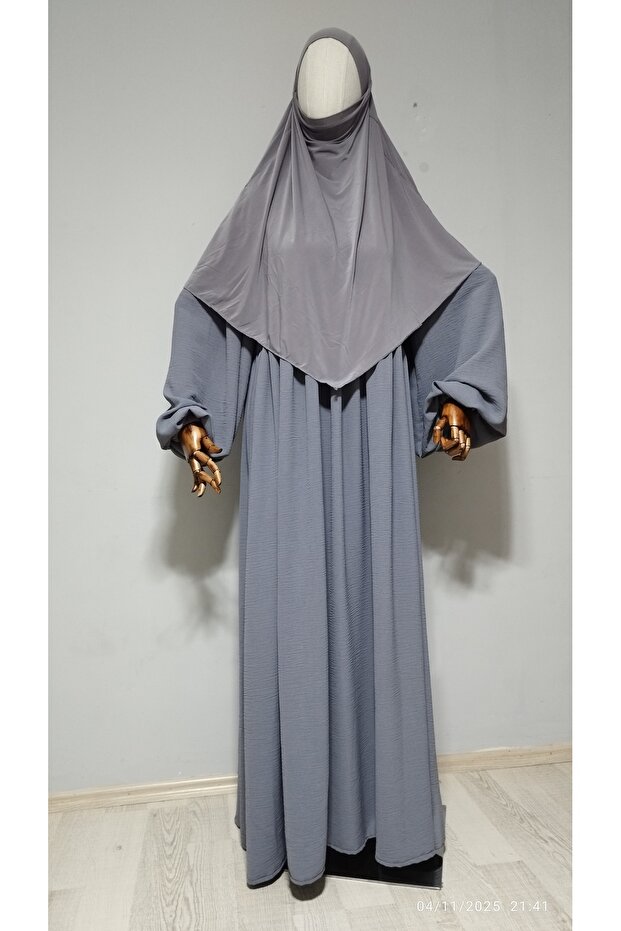 Short Length Sandy Souffle Khimar Ready to Wear Hijab Scarf Grey