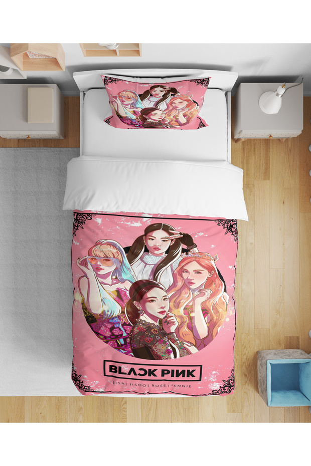 Black Pink K-Pop Themed 3D Digital Printed Single Person Sheetless Young Girl Duvet Cover Set Sleeping Set