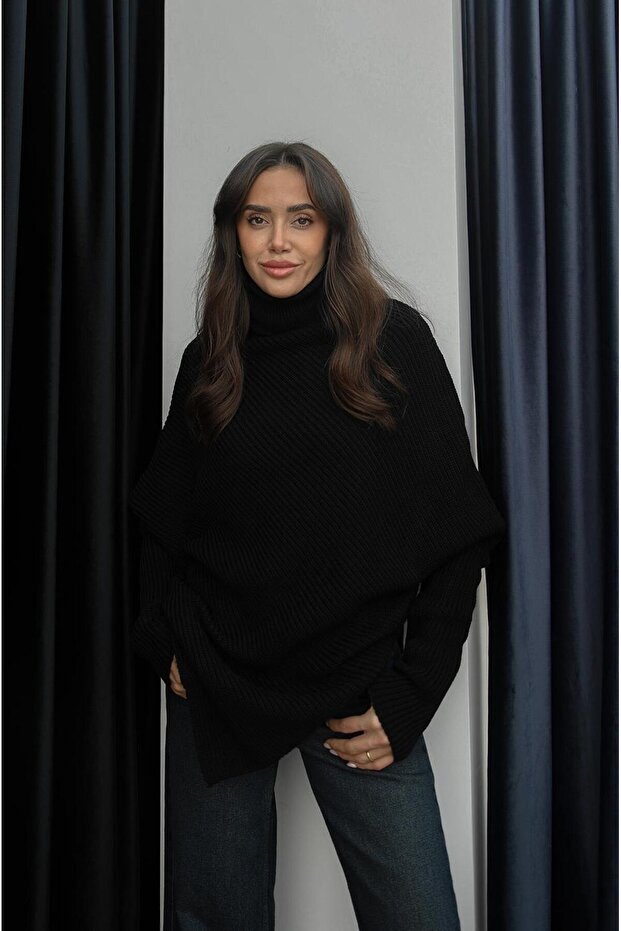 Black Asymmetrical Cut Fisherman Sweater