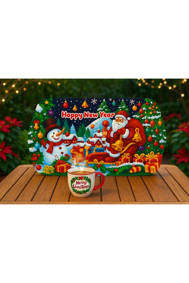 Happy New Year Metal Presentation Tray with Santa and Snowman – Decorative Gift Tray