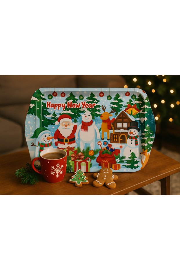 Happy New Year Colorful Metal Presentation Tray with Christmas and Snowman – New Year Themed Gift Tray