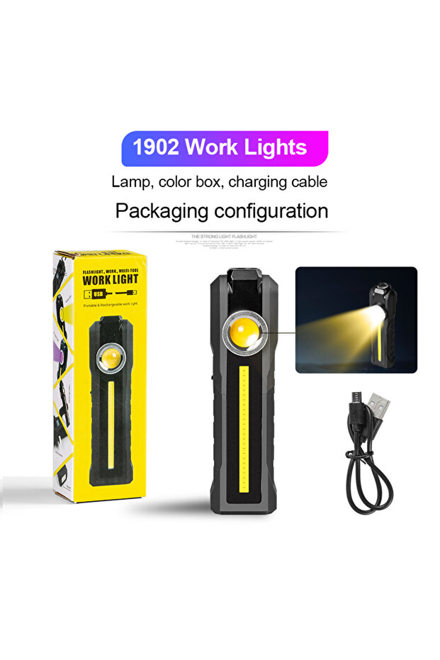 1902 (أبيض دافئ) مصباح عمل مغناطيسي COB مصباح يدوي LED محمول قابل لإعادة الشحن عبر USB 4 إضاءة