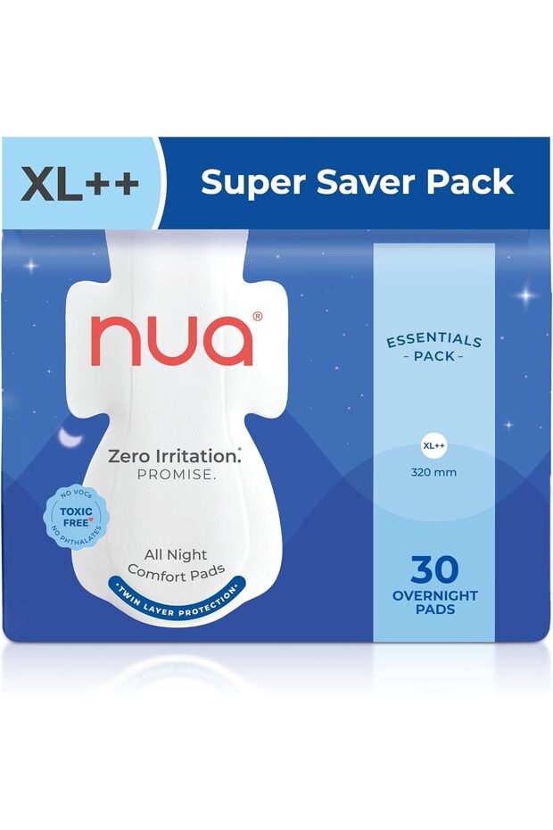 Cotton Sanitary Pads for Women, Toxic-Free & Rash-Free, Unscented, Leakproof All Night Comfort XL++ Essentials Pack (30 Pads)