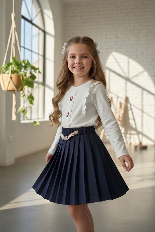 My Little Girl's Daisy Embroidered Belt Detailed Pleated Skirt Girl's Suit - Navy Blue