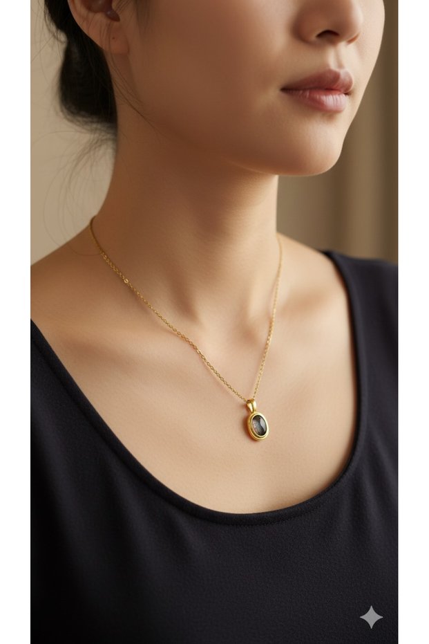 Oval Model Opal Stone Steel Gold Necklace Stylish Oval Gold Steel Necklace