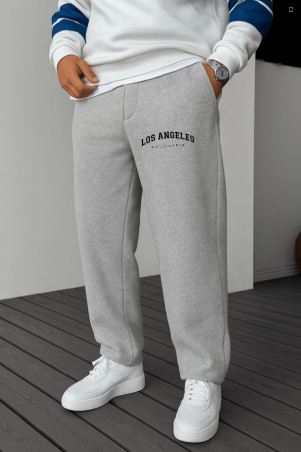 Men's Winter Baggy Fleece-Lined Los Angeles Letter Print Wide-Leg Sweatpants with Side Pockets