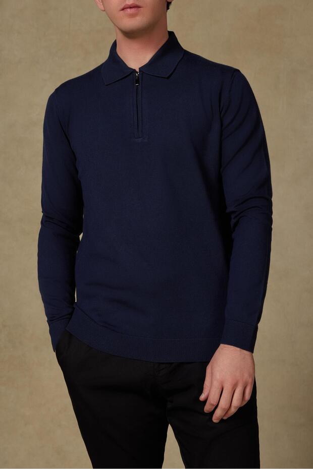 Claro Knitted Fabric Cotton Blend Modern Fit Navy Blue Polo Neck Men's Plain Knitwear
