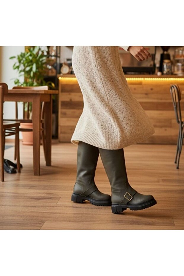 Khaki Matte Leather Buckle Women's Boots