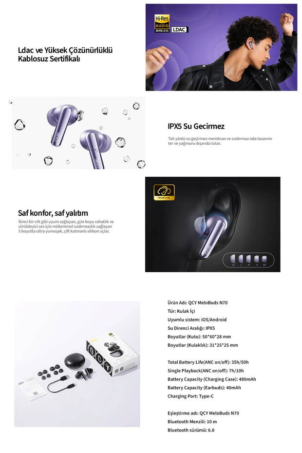 Melobuds N70 Bluetooth Kulaklık 6.0 - Kablosuz Şarj - Hi-Res-LDAC- Mems Tweeter-FastPair-Çift Cihaz - 5