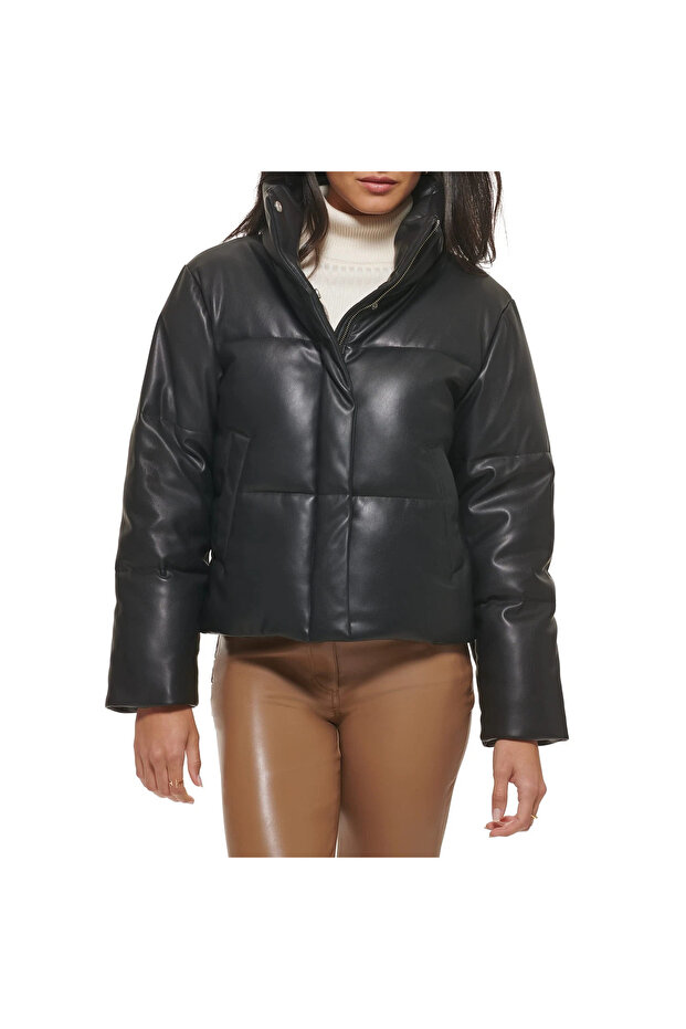 Faux Leather Quilted Puffer Jacket - 4