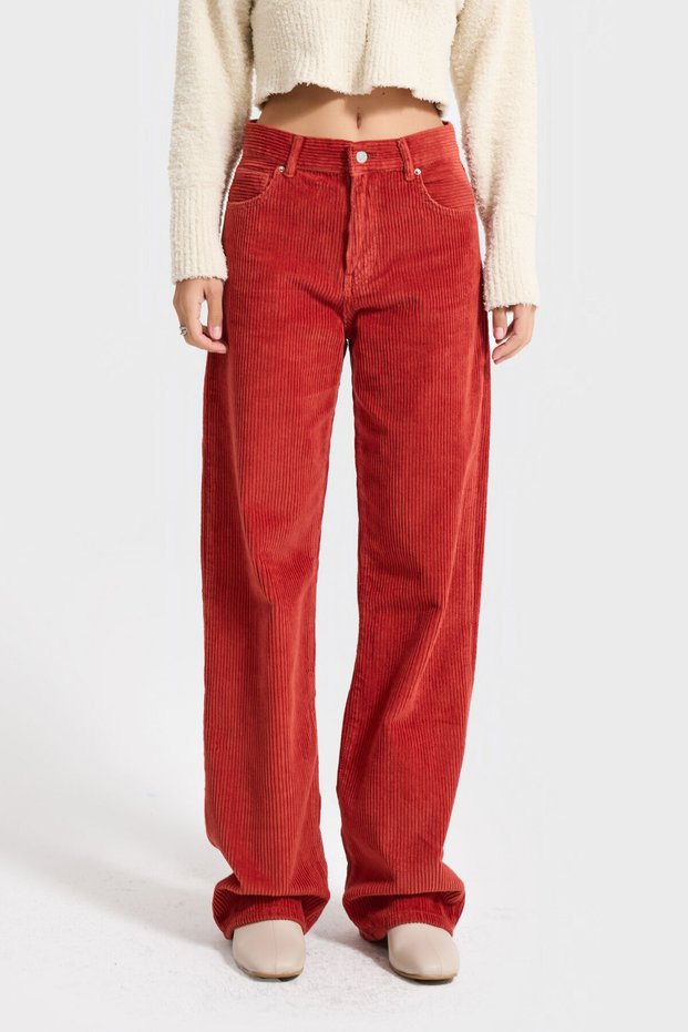 Women's Orange Lora 26W5-104 Loose Fit Mid Waist Thick Corded Fabric Velvet Velvet Fabric Pants